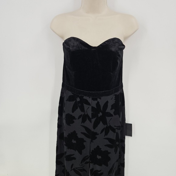 Lulus Love About It Jumpsuit SZ M Black Velvet Strapless Floral Wide Leg Formal - Picture 2 of 12